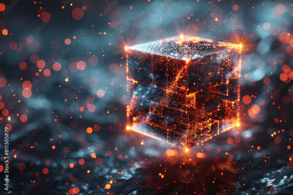 Poster this striking image presents a glowing neon cube with a dynamic array of particles in a space-like e