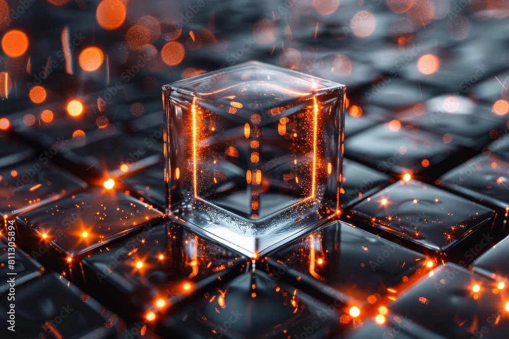 Poster reflective cube centered on a glowing, digital grid, creating a feel of futuristic landscape