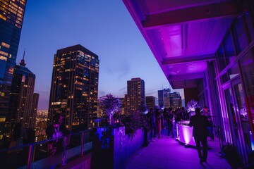 Obraz premium People gather on a rooftop overlooking the city skyline, A rooftop party with a view of the city skyline and a DJ spinning tracks for the night