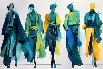 Dynamic Couture: Bold Watercolor Fashion Sketches