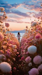 Field of Pink and White Flowers Under Blue Sky