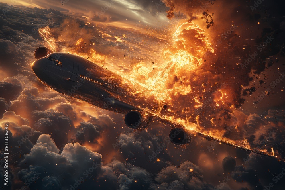 Aufkleber an artistic representation of an airplane exploding in mid-air with fiery particles and clouds, deno