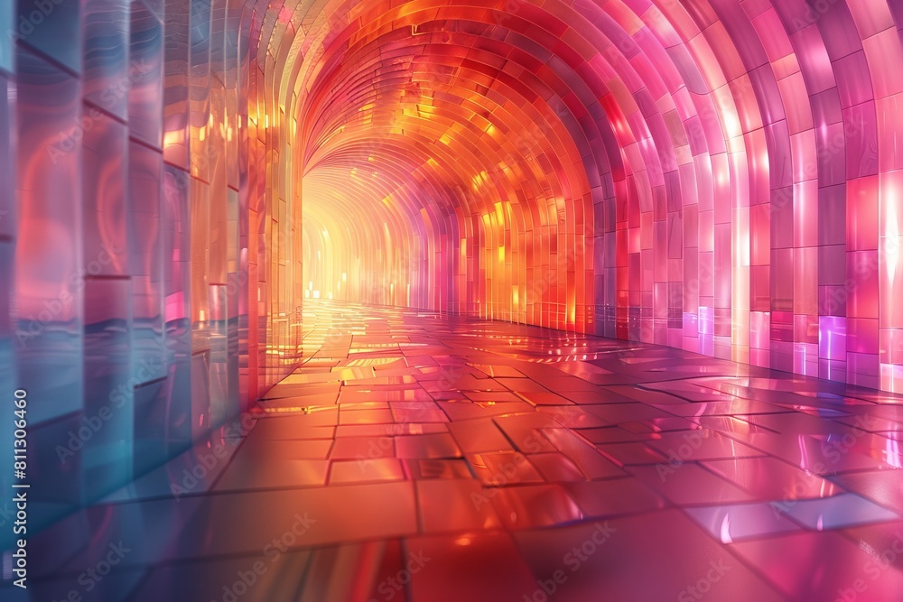 Poster an image of a modern tunnel with a smooth gradient from cool to warm hues, reflecting progress and e