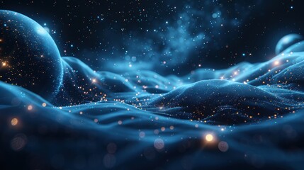 Low poly video codec image in the form of a starry sky or space consisting of points, lines and flat shapes in the form of planets, stars and the universe