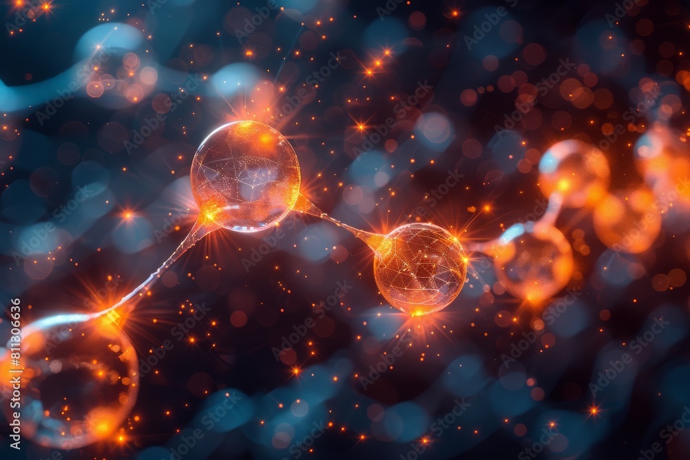 Poster a fascinating depiction of a molecular network with glowing orb nodes and a highlighted square again