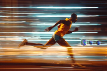 A man energetically running down a city street at night, illuminated by street lights, A runner kicking their leg back in a powerful motion