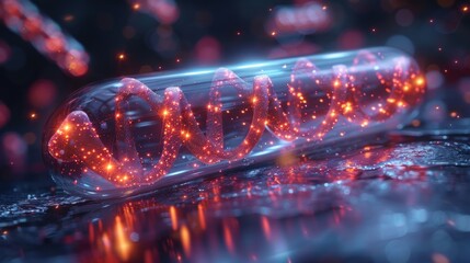 healthcare technology, realistic transparent pill graph with futuristic abstract DNA healthcare technology concept, transparent pill graph