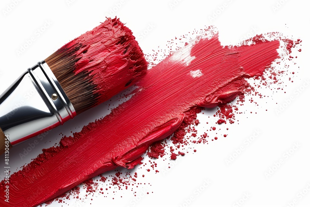 Poster high-quality image of a paint brush with red paint applied in a stroke on a white background with sp