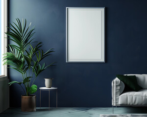 Empty poster frame with space for your content leaning against a navy blue wall beside a window casting shadows, with a potted plant