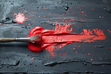 A high-resolution image of a paintbrush with vibrant red paint on a textured black background