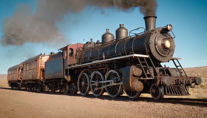 A steam engine train is moving down train tracks, emitting billows of smoke and steam, with wheels clacking on the rails.