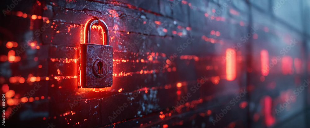 Poster a sturdy lock attached to a concrete wall, illuminated by vibrant red lights, creating a stark and s