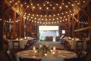 A barn setting with a dinner table prepared for a rustic gathering, featuring string lights and mason jars, A rustic barn wedding with string lights and mason jar centerpieces