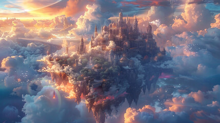 A floating city suspended high above the clouds, where graceful winged beings dwell in harmony with the elements, their homes and gardens carved from clouds and rainbows
