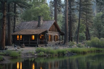 Fototapeta na wymiar A log cabin nestled beside a lake on the shore, surrounded by tall pine trees in the woods, A rustic cabin in the woods surrounded by tall pine trees