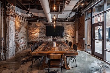 A conference room featuring a sizable wooden table and chairs against exposed brick walls, A rustic conference room with exposed brick walls and industrial lighting fixtures