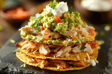 Crunchy Chicken Tostada Stack. A Delicious Mexican Comfort Food Made with Fried Corn Tortilla,