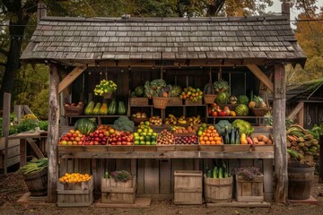 Wooden stand displaying an abundance of ripe fruits and colorful vegetables, A rustic farm stand overflowing with fresh fruits and vegetables
