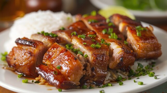 Crispy Filipino Lechon Kawali with White Rice. Delicious Plate of Fried Pork Meat - A Filipino