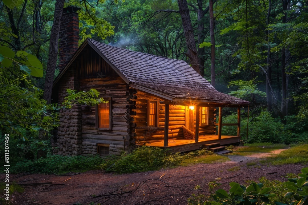 Poster a log cabin glowing with light in a dark forest setting at nighttime, a rustic log cabin nestled in 