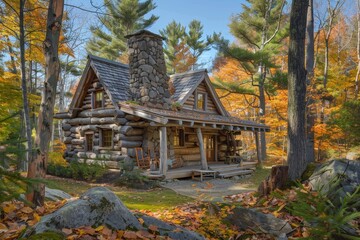 Obraz premium A log cabin in the woods, surrounded by trees in a natural setting, A rustic log cabin nestled in the woods