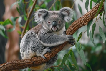 Fototapeta premium Cute Koala Walking on Eucalyptus Tree Branch - Endangered Australian Species in the Outback