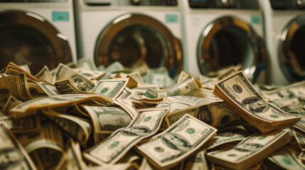Heap of us dollars scattered in a laundromat setting, conceptually illustrating the illegal act of money laundering