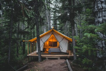 A rustic tent stands out in a clearing surrounded by tall pine trees in the forest, A rustic tent nestled among tall pine trees