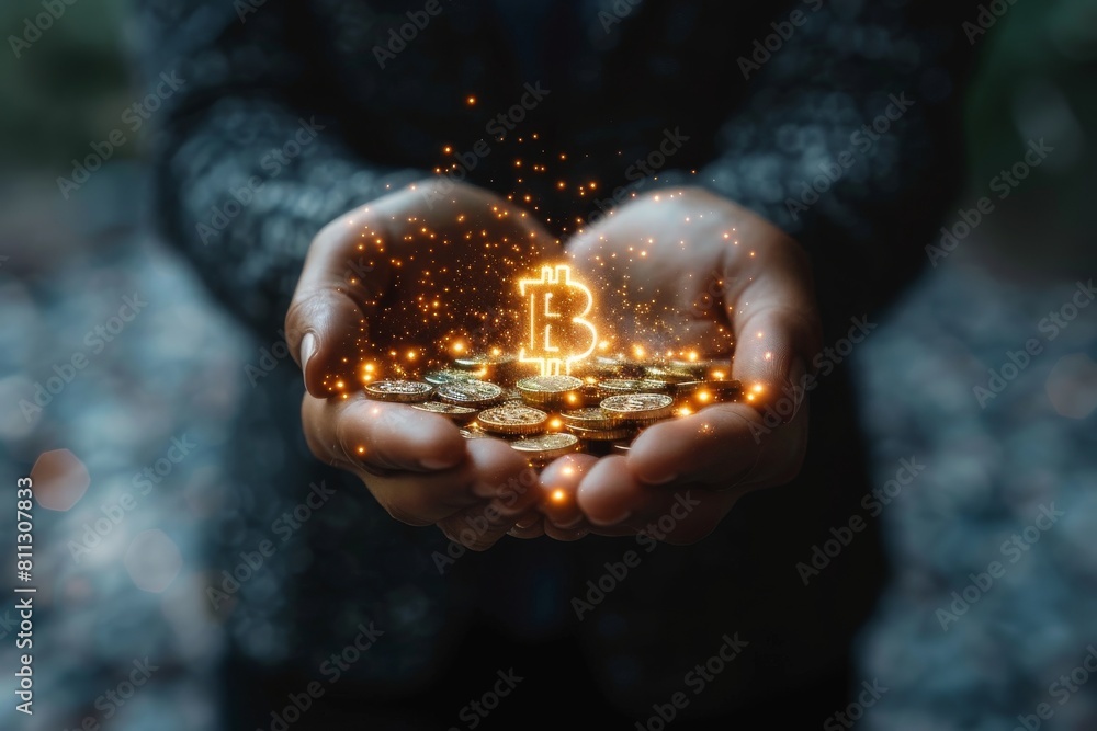 Poster hands presenting a glowing bitcoin, symbolizing cryptocurrency and blockchain technology