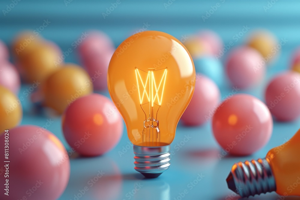 Aufkleber a single illuminated lightbulb signifies innovation surrounded by a multitude of colorful spheres