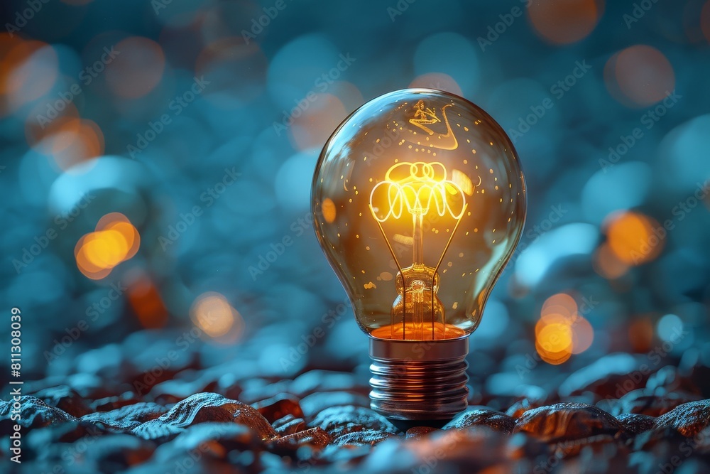 Poster an illuminated light bulb stands out on a pebbled surface with a warm bokeh background adding a myst