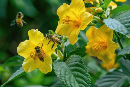Borneo's Tropical Nature: Bees Collecting Nectar from Yellow Damiana Flowers 