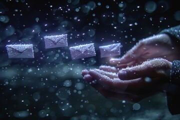 Conceptual image depicting hands with glitter releasing floating email icons underwater, symbolizing digital communication