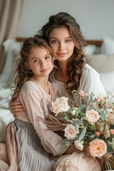 Mother and Daughter Sitting Together on Bed