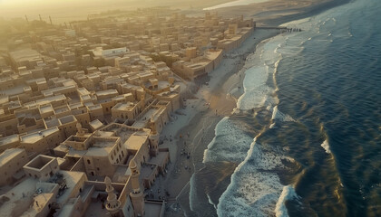 Drone's Eye View: Tranquil Ocean Waves Kiss a Dusty Middle Eastern Muslim City at Sunset. Capturing the Magic of Golden Hour Travel, Muslim Culture, and Aerial Beauty.