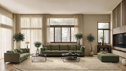 Modern design of a bright living room with a large window. Cozy living room with sofa, plants, home furnishings
