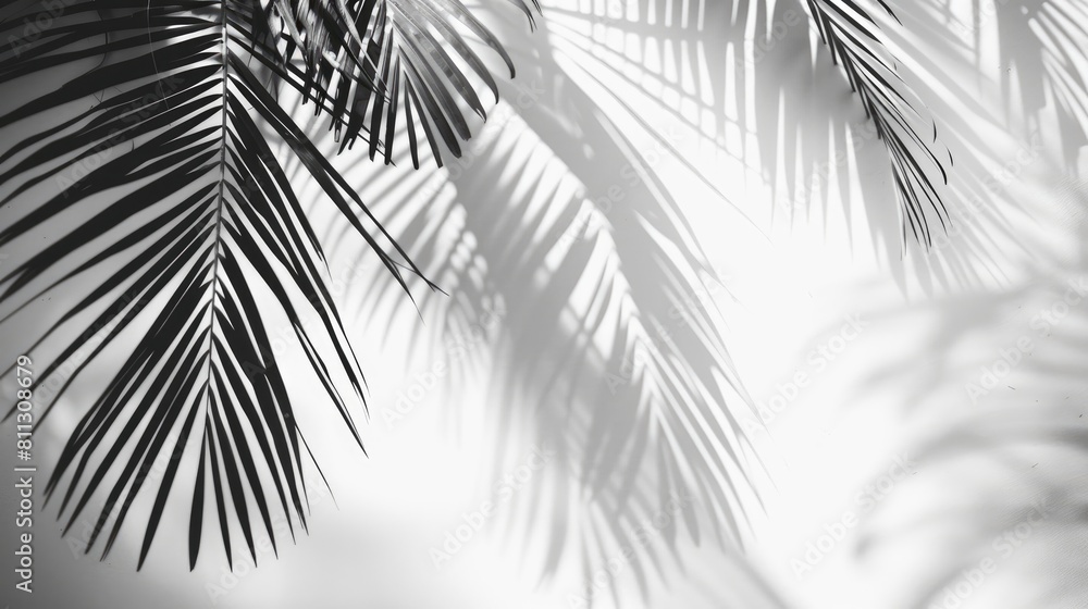Poster shadow of palm leaves creating an abstract white background on the wall blurred palm leaf shadow on 