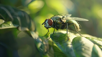 Common fly on leaf realistic