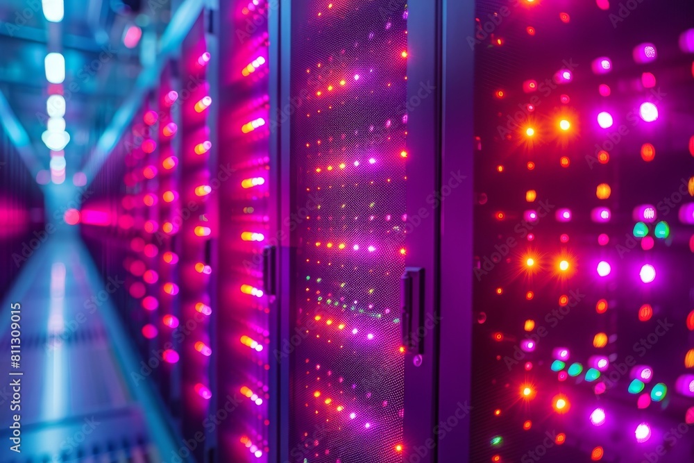 Poster an image displaying rows of brightly lit server racks in a data center with a focus on the beautiful