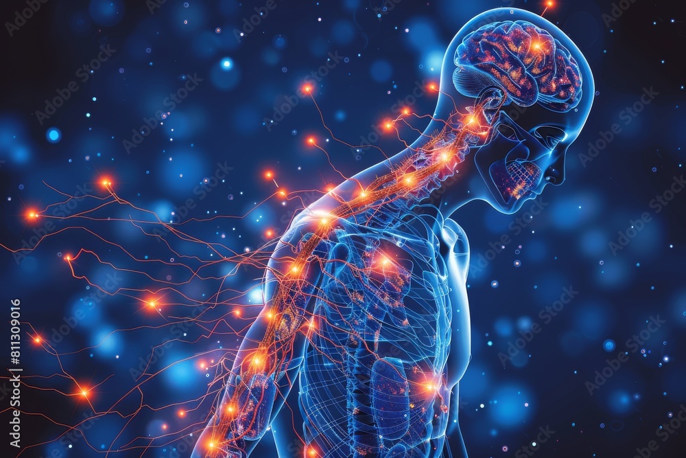 Poster digital composite image of a man's silhouette with a neural network and brain activity visualization