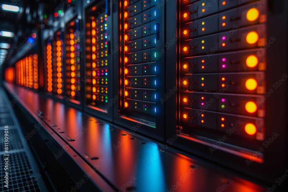 Poster vibrant image of server racks with glowing lights indicating data processing and storage in a techno