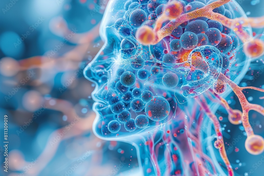 Poster digital artwork of a human neural network with neurons and synapses highlighted in vivid colors
