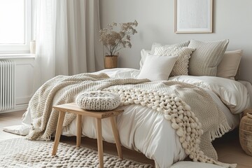A bedroom featuring a white bed with clean lines and a large window letting in natural light, A Scandinavian-inspired bedroom with clean lines, light wood furniture, and cozy knit blankets