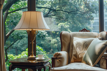 A luxurious and elegant lamp in the living room, casting soft light on plush armchairs in the style of window with view of lush green trees outside,creating an atmosphere of comfort and sophistication