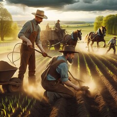 Traditional agricultural techniques farmers planting seeds manually with human touch