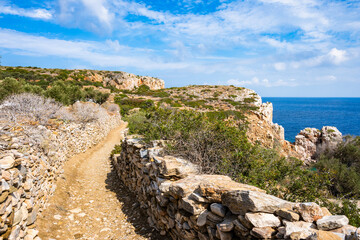 Coastal path along sea to Panagia bay near Kastro village, Sifnos island, Greece