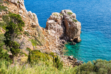 Beautiful view of sea and rocks at Panagia bay near Kastro village, Sifnos island, Greece