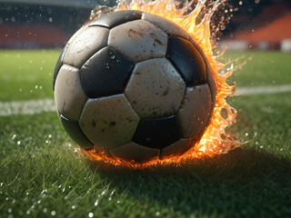 burning soccerball on a football field, Generative Ai