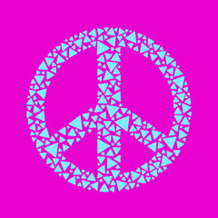 Mosaic-style peace sign made of small blue triangles on pink background