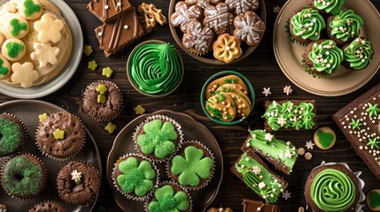 Picture a festive St Patrick s Day spread set against a rich dark wood backdrop featuring an assortment of delightful treats like shamrock shaped cookies green frosted cupcakes tempting brow